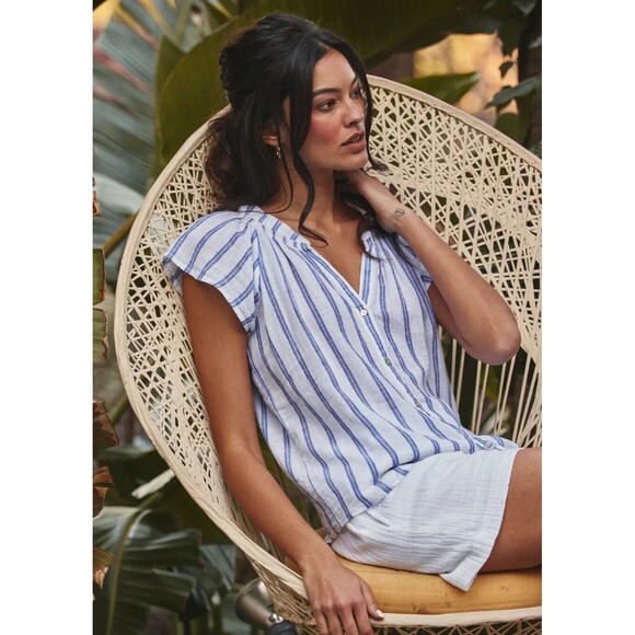 NWT! $168 Rails Alena Linen XXS Top Blue Villa Stripe Coastal Beachy Boho - Picture 1 of 10